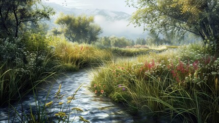 A peaceful riverside scene with a gentle stream flowing through a meadow.