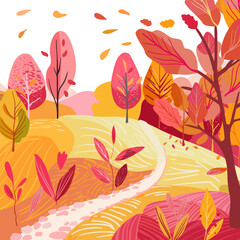 Obraz premium Autumn poster with a cute landscape. Hill with a clearing near the forest. Hand drawn vector illustration. Red trees and plants near the road. Printing on clothes, stationery and tableware. Textured