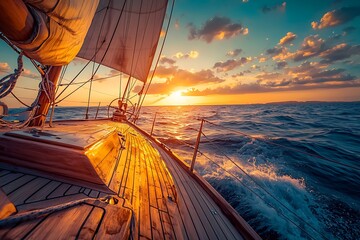 Sailboat deck view with orange sunset sky and water spray.