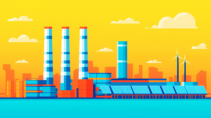 Fototapeta premium Vibrant illustration of a modern industrial facility with smokestacks and renewable energy sources against a colorful skyline.