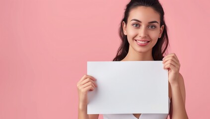 Naklejka premium Portrait of happy beautiful woman holding blank white paper.