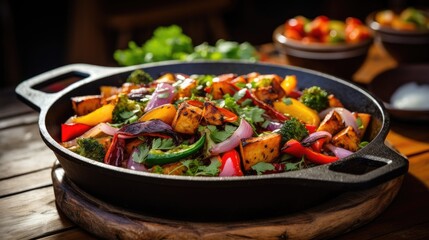 Colorful vegetable stir-fry in a cast iron skillet