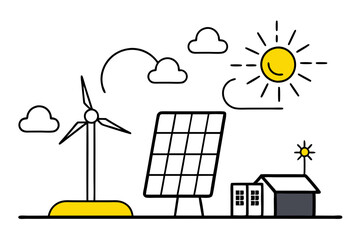 Clean Energy Solutions- Line Drawing of Solar Power and Wind Turbine Concept Vector Illustration