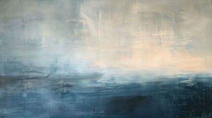A sophisticated abstract oil painting with a blend of muted blues and soft grays, accented by delicate, textured brushstrokes.