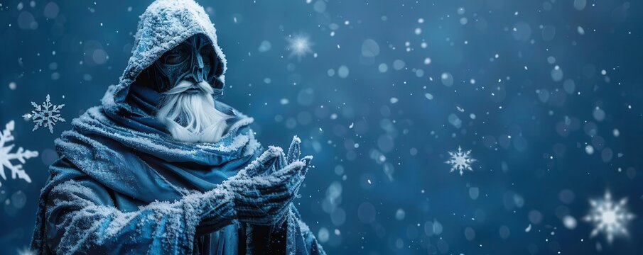 Frost sorcerer with icy spells and snowflakes, frost magic, elemental cold