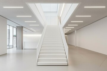 Obraz premium Modern Minimalist Staircase with Mezzanine Level for Artwork and Company Values
