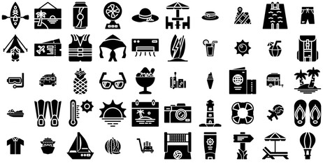 Mega Set Of Vector E Commerce Icon Solid Style Icons Web Header Banner Design Containing Summer,Sea,Holiday,Transportation,Beach Vector Icon Set Linear Pictogram Pack