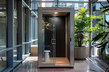 Modern Soundproof Phone Booth for Private Calls and Work with Customizable Branding Wall