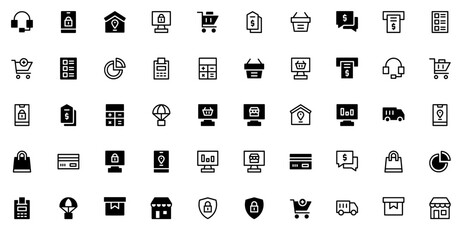 Mega Set Of Vector Ecommerce Two Icons Silhouette Vector Logo Design Containing Protection,Computer,Delivery,Ecommerce,Shopping Simple Black Style Symbol Sign For Apps And Website, Vector Illustration