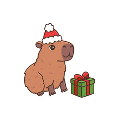 Cute capybara with gift in Santa hat. New Year cartoon funny rodent. Christmas animal character. Vector illustration isolated on white background