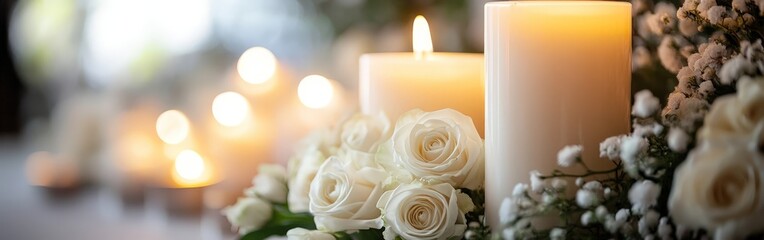 Elegant White Candles and Roses for a Memorial Service