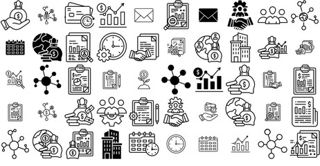 A Collection Of Economic Network Isolated Silhouette Solid Icons With Money,Profit,Business,Growth,Report Stroke Icon Collection. Vector Illustration