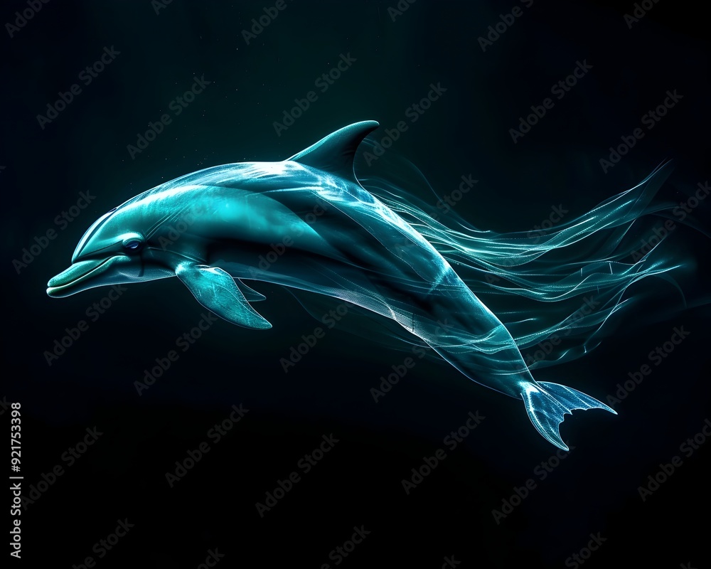 Canvas Prints Neon Dolphin Swimming Gracefully in Aqua and Turquoise on Black Background