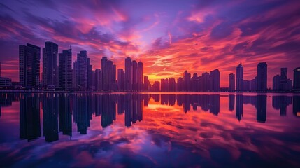 Fototapeta premium A sunset over Dubai Marina, where the sky transforms into a canvas of vibrant colors, from deep purples to fiery oranges.
