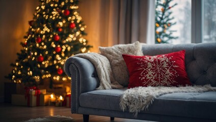 Interior of cozy room decorated in Christmas Happy new Year style. No people. An empty sofa, Christmas tree with presents under it