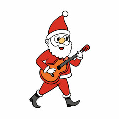 Christmas Santa walk and playing the guitar art vector illustrator