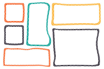 Set of colorful frames drawn with brush. Flat abstract shapes with texture. Vector illustration.