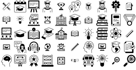 Set Of Linear Education Isolated Silhouette Solid Icons With Light-Bulb,Knowledge,Graduation-Cap,Mortarboard,Education Simple Black Style Symbol Sign For Apps And Website, Vector Illustration