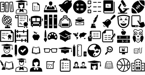 Mega Set Of Vector Education Vector Symbols Apps, Websites Ui Designs Suitable For Graduate,Mortar-Board,Diploma,Learning,Education Stroke Icon Collection. Vector Illustration