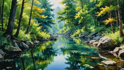 Tranquil River Scene in a Lush Forest.