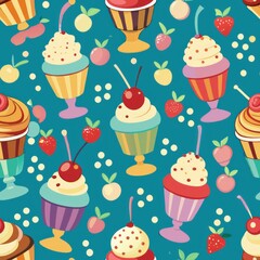 Seamless pattern of ice cream sundaes with whipped cream and cherries