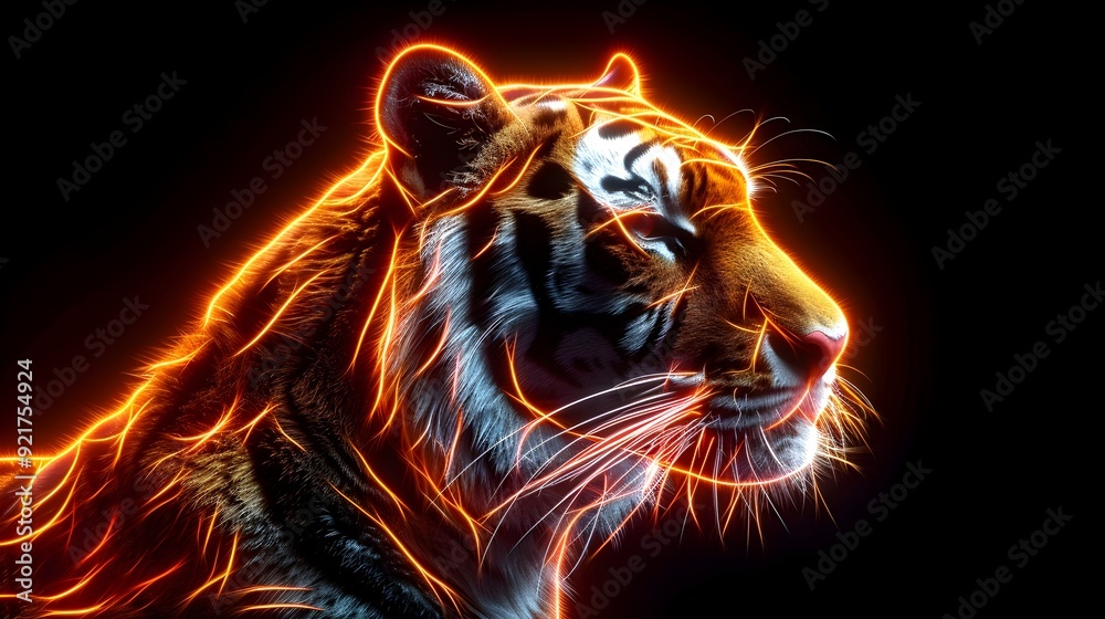 Sticker Fierce Neon Tiger Glowing with Vibrant Stripes on Dark Background