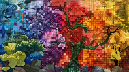 A vibrant and colorful abstract mural featuring a large tree with a mosaic of colors representing different seasons and emotions. The artwork evokes a sense of wonder and creativity. 