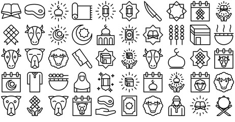 Set Of Linear Eid Al Adha Vector Symbols Apps, Websites Ui Designs Suitable For Cultures,Qurban,Eid-Mubarak,Islam,Al-Adha Vector Illustration Linear Pictogram Pack