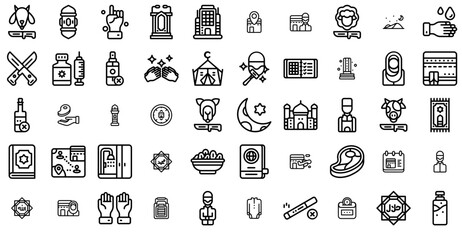 Set Of Linear Eid Al Adha Icons Collection Isolated Silhouette Solid Icons Including Meat,Islam,Adha,Kaaba,Hajj Set Vector Flat Line Icons
