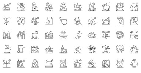 A Collection Of Eid Ul Adha Vector Symbols Apps, Websites Ui Designs Suitable For Religion,Food,Celebration,Islam,Muslim Set Vector Flat Line Icons