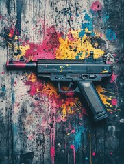 Grunge Background with Paint Splatters and Gun
