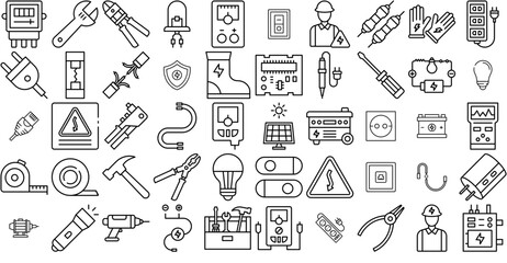 Set Of Linear Electrician Tools Icons Collection Isolated Silhouette Solid Icons Including Electricity,Switch,Electric,Cable,Electrician Vector Icon Set Linear Pictogram Pack