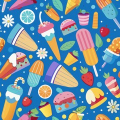 Seamless pattern of summer picnic scenes with ice cream treats
