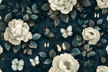 Dark teal and white floral design with peonies, roses, and foliage accents, along with butterfly accents on a dark background