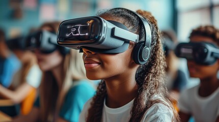 A girl wearing VR glasses, smiling and engaging in a virtual reality experience in a classroom setting, great for education technology, interactive learning, and virtual classrooms,