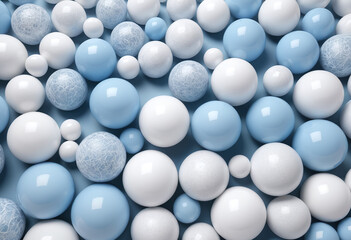 Colorful arrangement of various sized pure light blue and pure white decorative balls