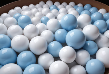 Colorful arrangement of various sized pure light blue and pure white decorative balls