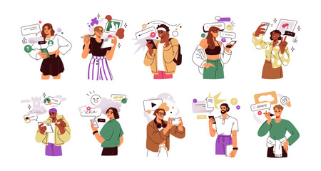 Obraz premium People with cell phones set. Characters holding smartphones, digital devices, using mobile apps, social media, internet for online communication. Flat vector illustration isolated on white background