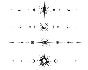 Magic vector border with celestial stars sun and moon. Astrology fantasy decorative ornament. Divider with mystic spiritual symbols. Astral minimal design with elegant elements. © Chorna_L