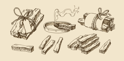 Palo santo, natural aroma wood set. Dried tree bark with aromatic smoke for spiritual and ceremonial rituals. Wooden aromatherapy sticks, bundles. Hand-drawn illustration isolated on white background