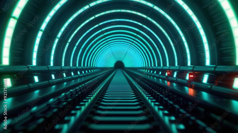 Poster futuristic tunnel with illuminated rails and vibrant lights, creating an immersive and abstract tran