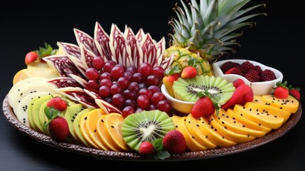 Exotic fruit platter with dragon fruit, kiwi, and mango