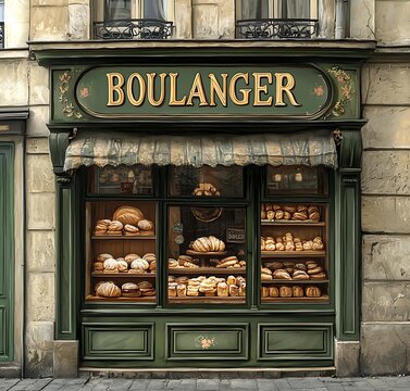 A charming Parisian bakery with a green facade and a window display full of fresh bread.