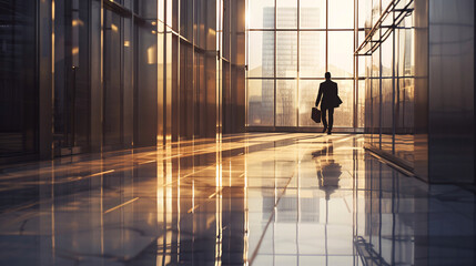 Business Professional Walking in Modern Office Corridor at Sunset