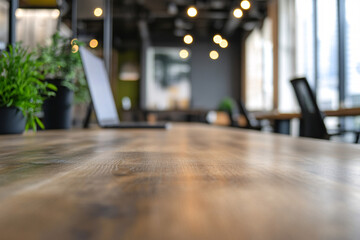 Close-Up of Wooden Office Desk with Blurred Background of Modern Workspace and Greenery