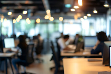 Dynamic Open-Plan Office with Blurred Background, Focused Employees, and Ambient Lighting