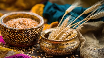 Ornate bowls of grain symbolize prosperity at Indian harvest fest