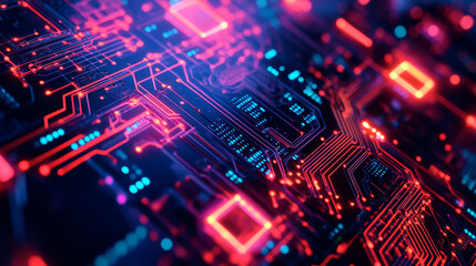 Fototapeta premium A high-tech circuit board with data flowing across it creates a digital display with an abstract design.