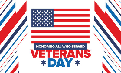 Veterans Day in United States. Federal holiday, celebrated annual in November 11. Honoring all who served. Patriotic american military concept. Poster, card, banner and background. Vector illustration