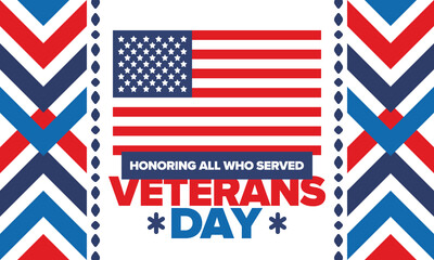 Obraz premium Veterans Day in United States. Federal holiday, celebrated annual in November 11. Honoring all who served. Patriotic american military concept. Poster, card, banner and background. Vector illustration